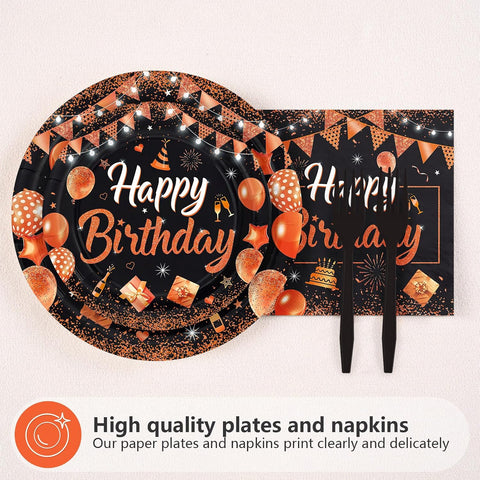 Black birthday dinner plate with glittering orange Happy Birthday lettering