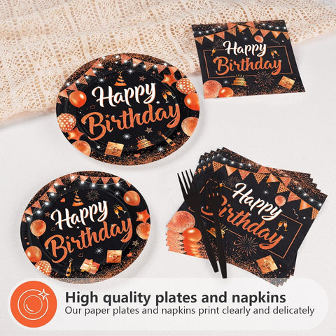 Orange and black birthday napkins printed with balloons and confetti