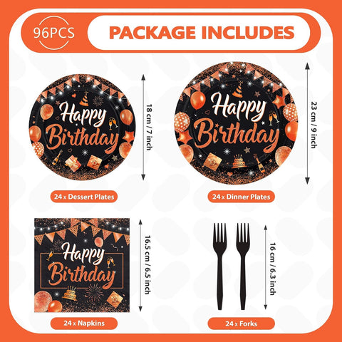 Stack of nine inch black birthday plates with orange balloon artwork