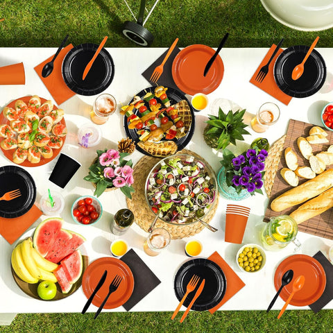 350Pcs Orange Black Party Decorations Serves 50 - Grencian