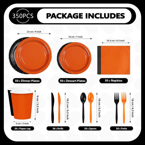 350Pcs Orange Black Party Decorations Serves 50 - Grencian