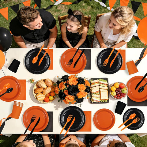 350Pcs Orange Black Party Decorations Serves 50 - Grencian