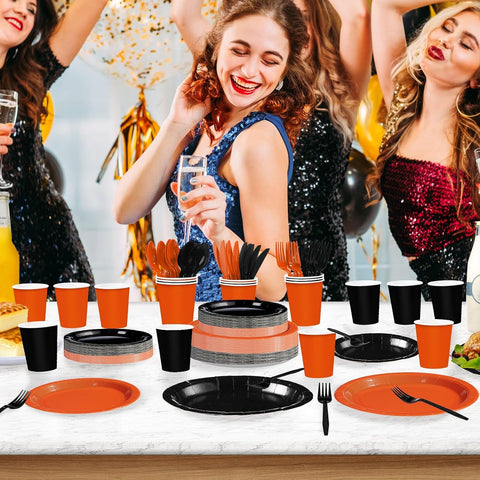 350Pcs Orange Black Party Decorations Serves 50 - Grencian