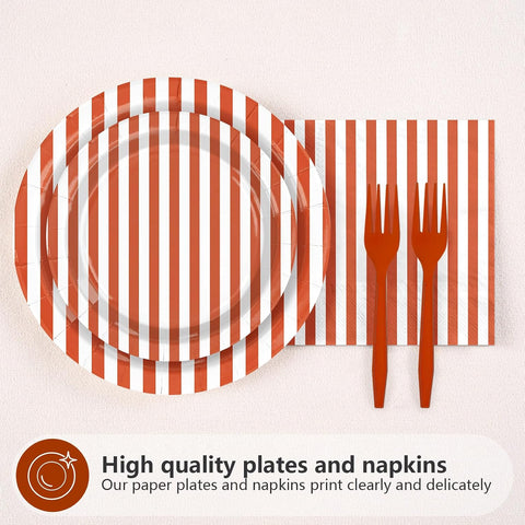 Scalloped orange striped dinner plate with matching fork