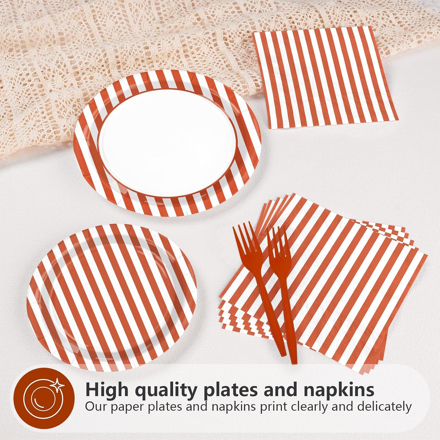 Orange striped dessert plate and napkin from the fall set