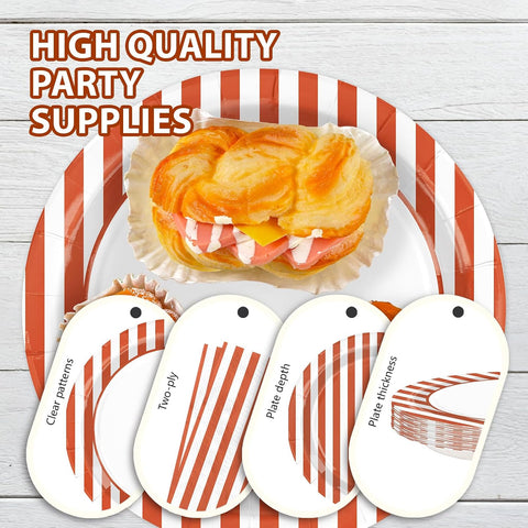 Orange striped plate holding party food with napkins