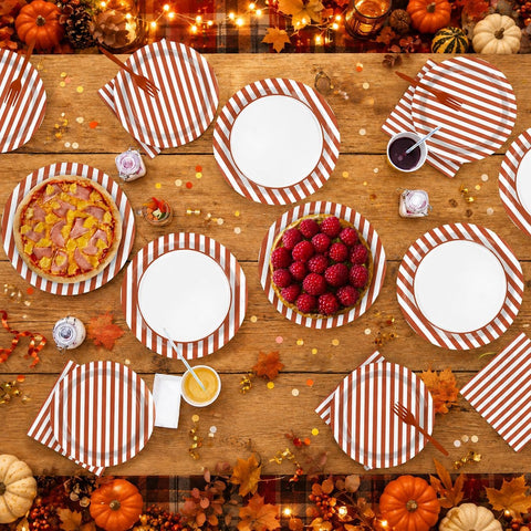 Fall dessert table styled with the orange striped tableware