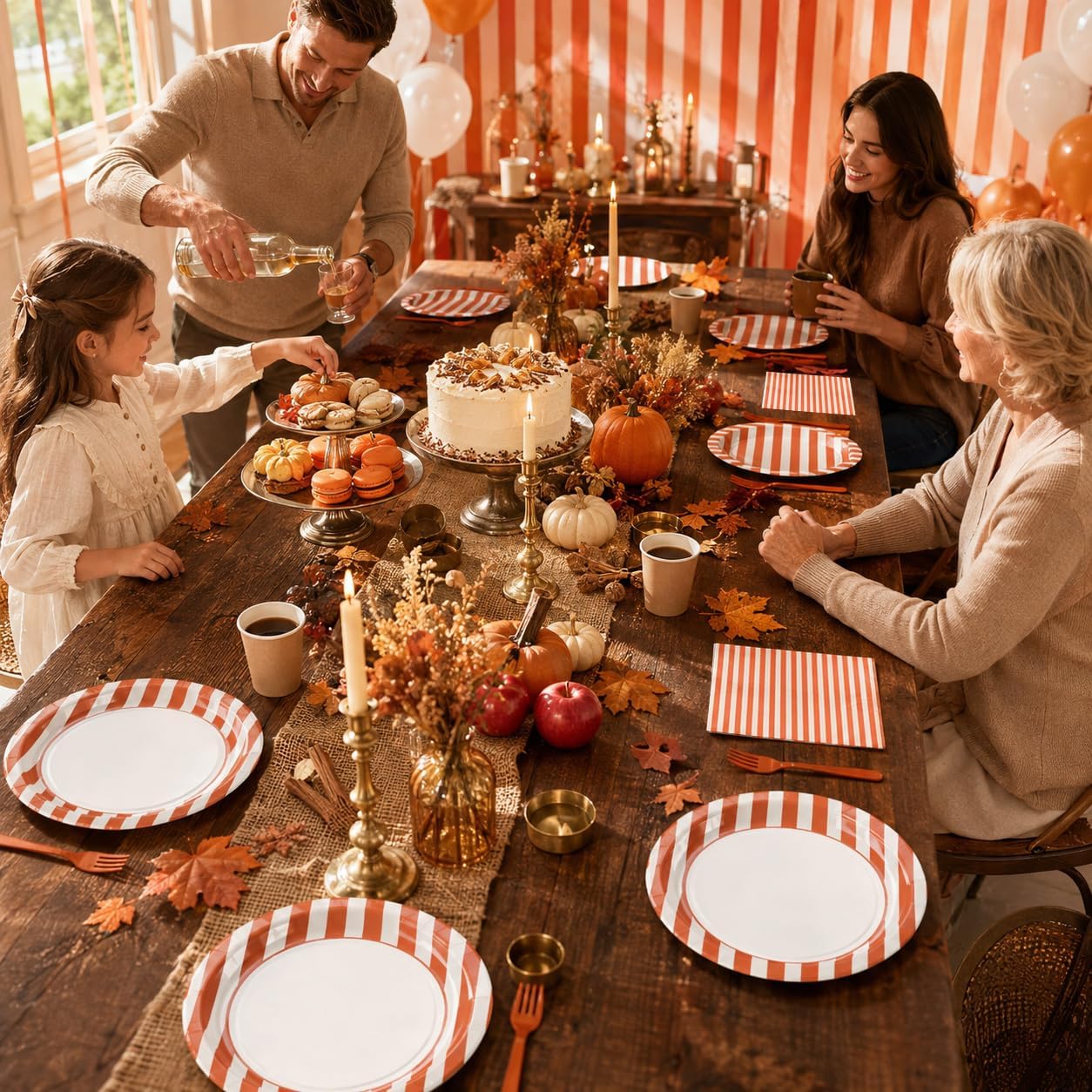 Autumn dinner table set with the orange striped plates