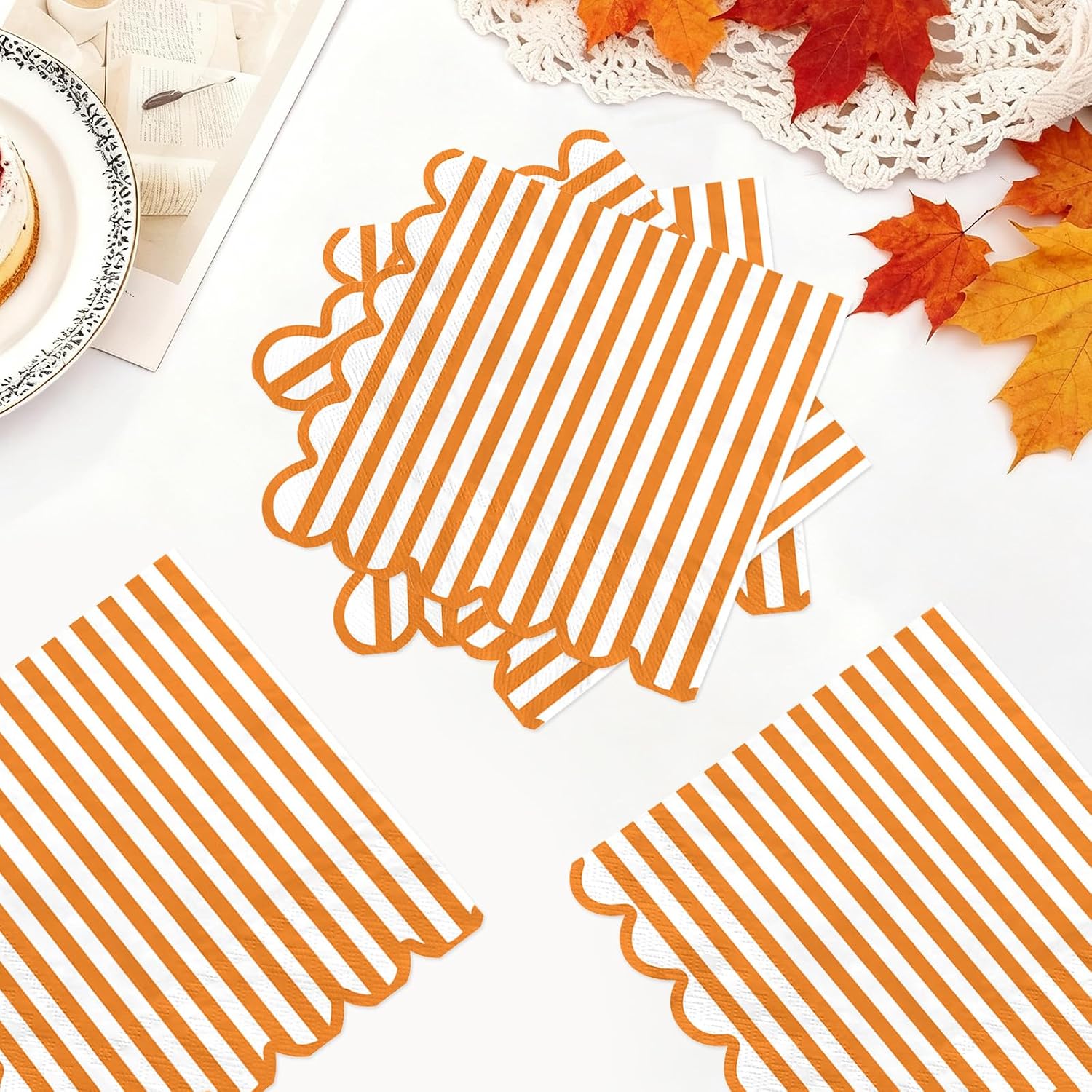 50Pcs Fall Orange Striped Scalloped Paper Napkins 6.5 Inch - Grencian