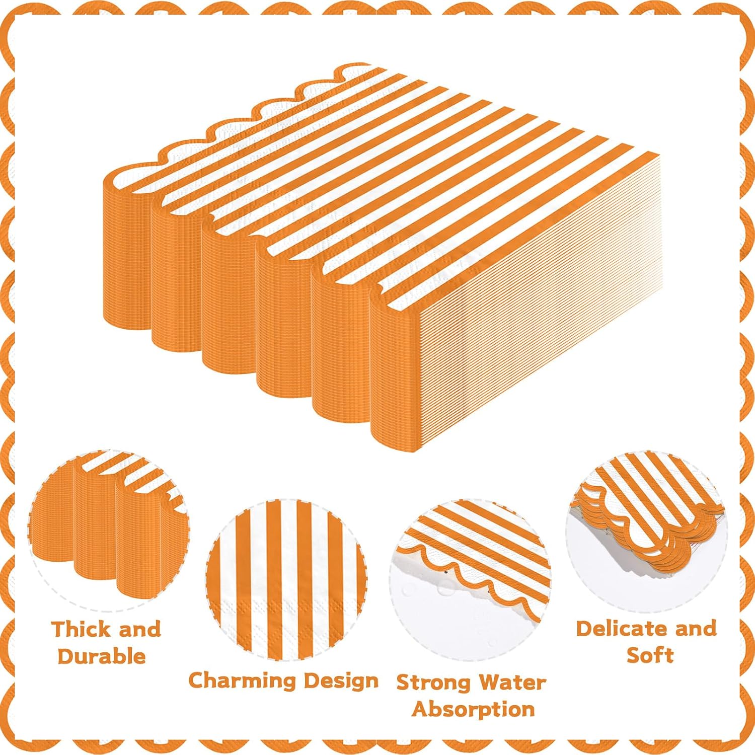 50Pcs Fall Orange Striped Scalloped Paper Napkins 6.5 Inch - Grencian