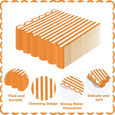 50Pcs Fall Orange Striped Scalloped Paper Napkins 6.5 Inch - Grencian