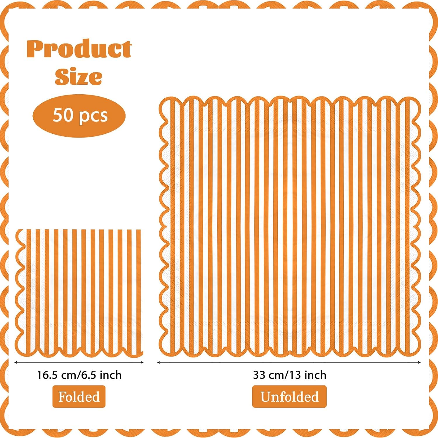 50Pcs Fall Orange Striped Scalloped Paper Napkins 6.5 Inch - Grencian