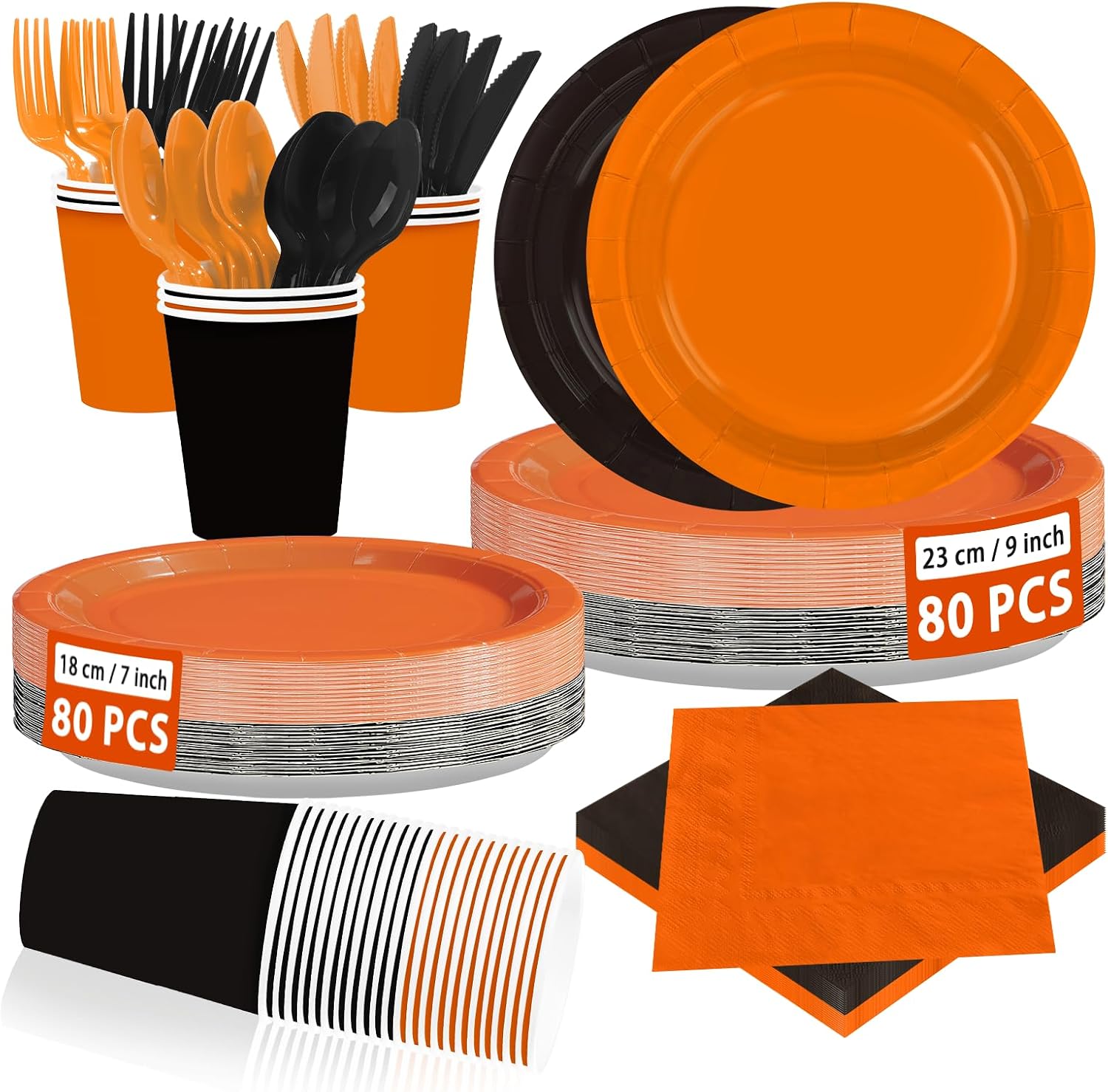 560 piece black and orange party set for 80 guests