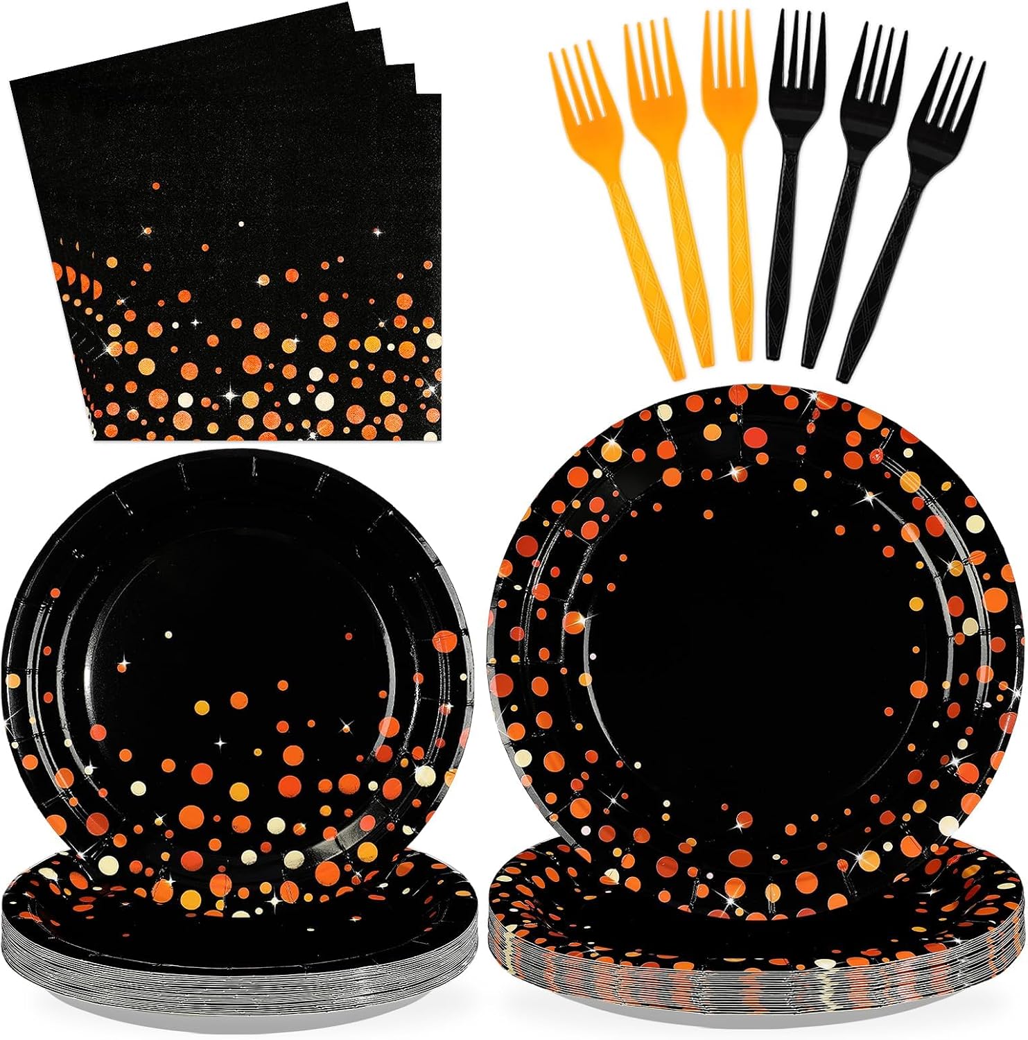 Greencian 96Pcs Halloween Orange Black Polka Dot Plates and Napkins - Grencian