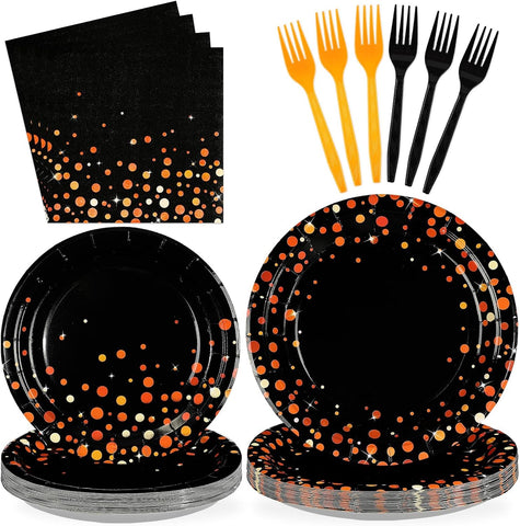 Greencian 96Pcs Halloween Orange Black Polka Dot Plates and Napkins - Grencian