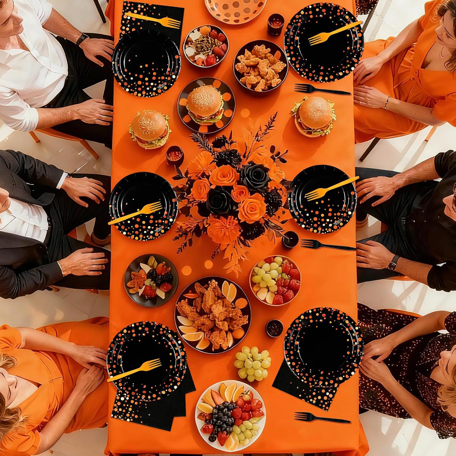 Greencian 96Pcs Halloween Orange Black Polka Dot Plates and Napkins - Grencian