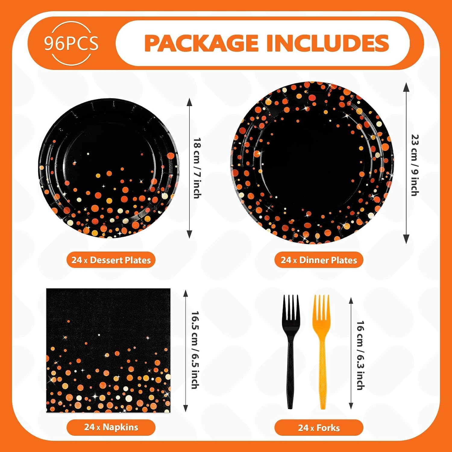 Greencian 96Pcs Halloween Orange Black Polka Dot Plates and Napkins - Grencian