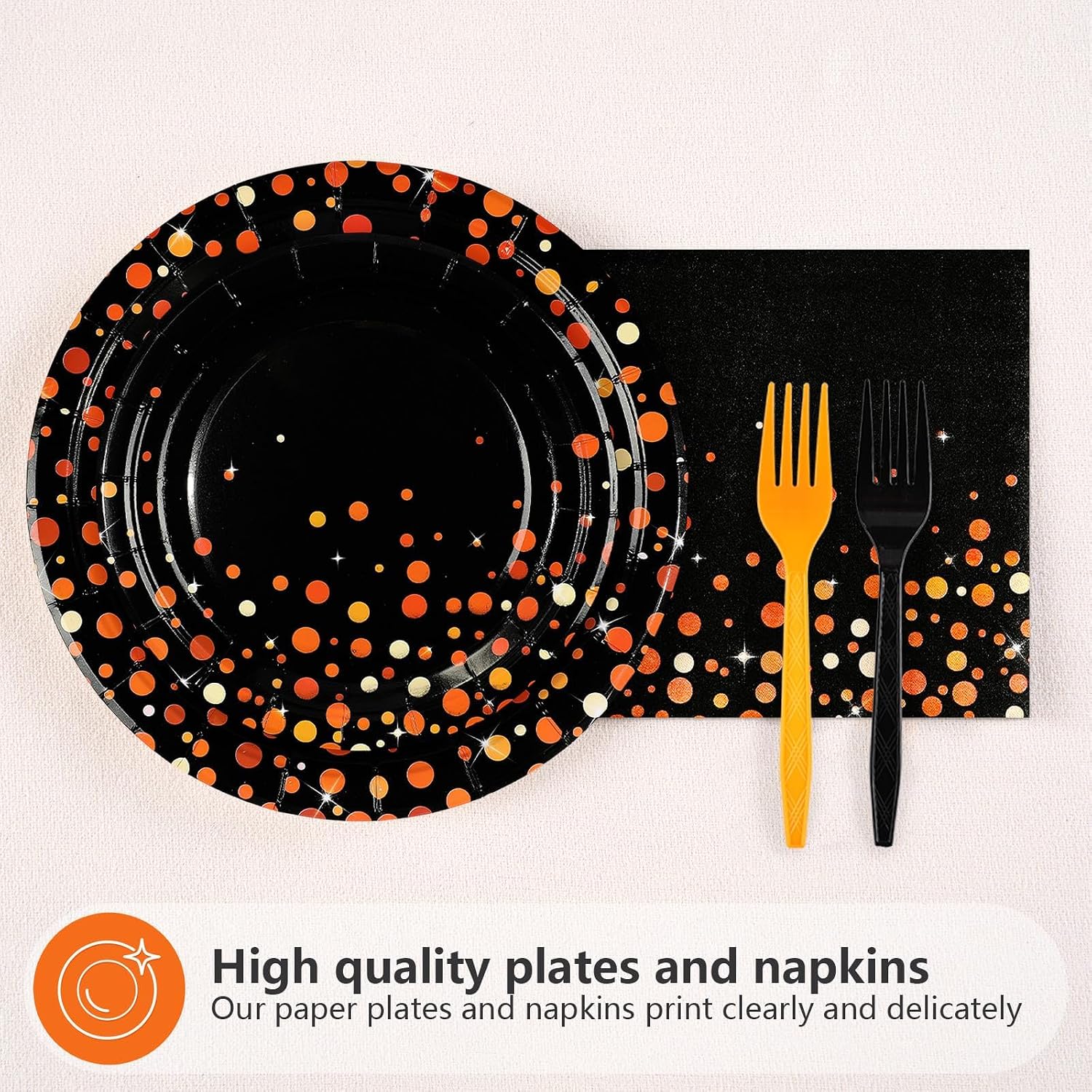 Greencian 96Pcs Halloween Orange Black Polka Dot Plates and Napkins - Grencian