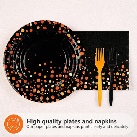Greencian 96Pcs Halloween Orange Black Polka Dot Plates and Napkins - Grencian