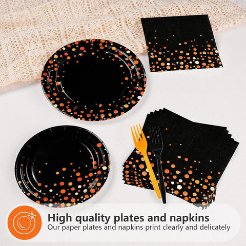 Greencian 96Pcs Halloween Orange Black Polka Dot Plates and Napkins - Grencian