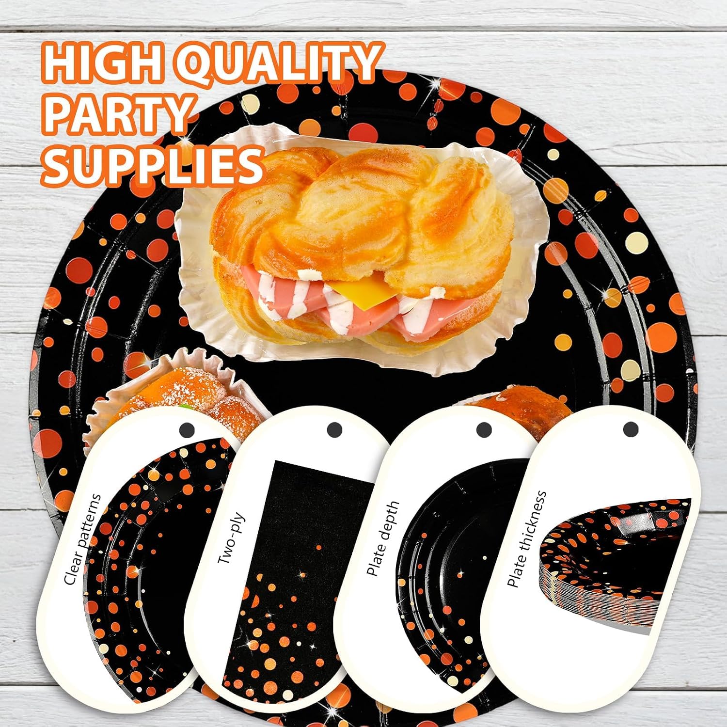 Greencian 96Pcs Halloween Orange Black Polka Dot Plates and Napkins - Grencian
