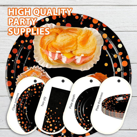 Greencian 96Pcs Halloween Orange Black Polka Dot Plates and Napkins - Grencian