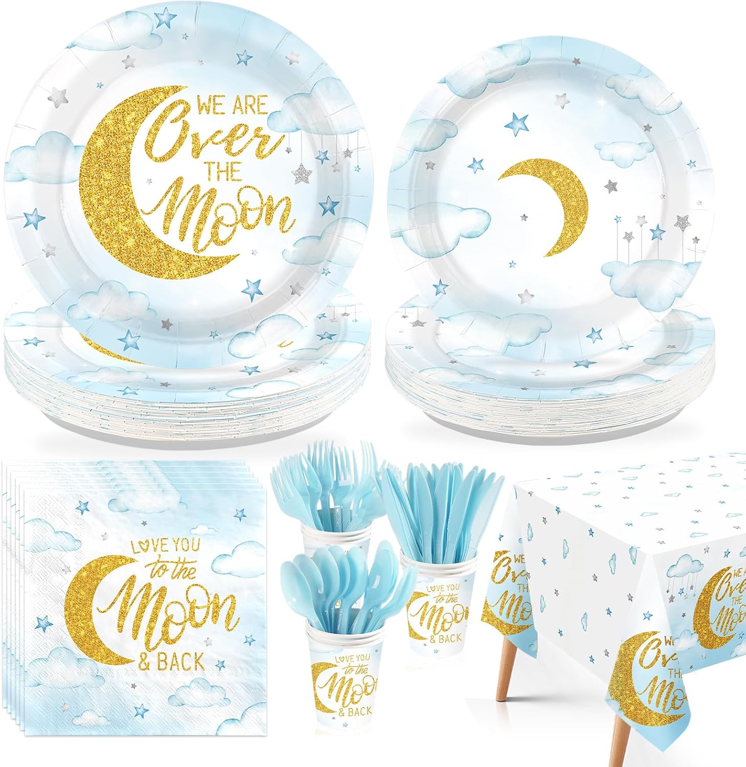 Greencian 170-piece Over The Moon baby shower party supplies with pastel blue tableware