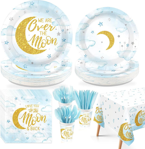 Greencian 170-piece Over The Moon baby shower party supplies with pastel blue tableware
