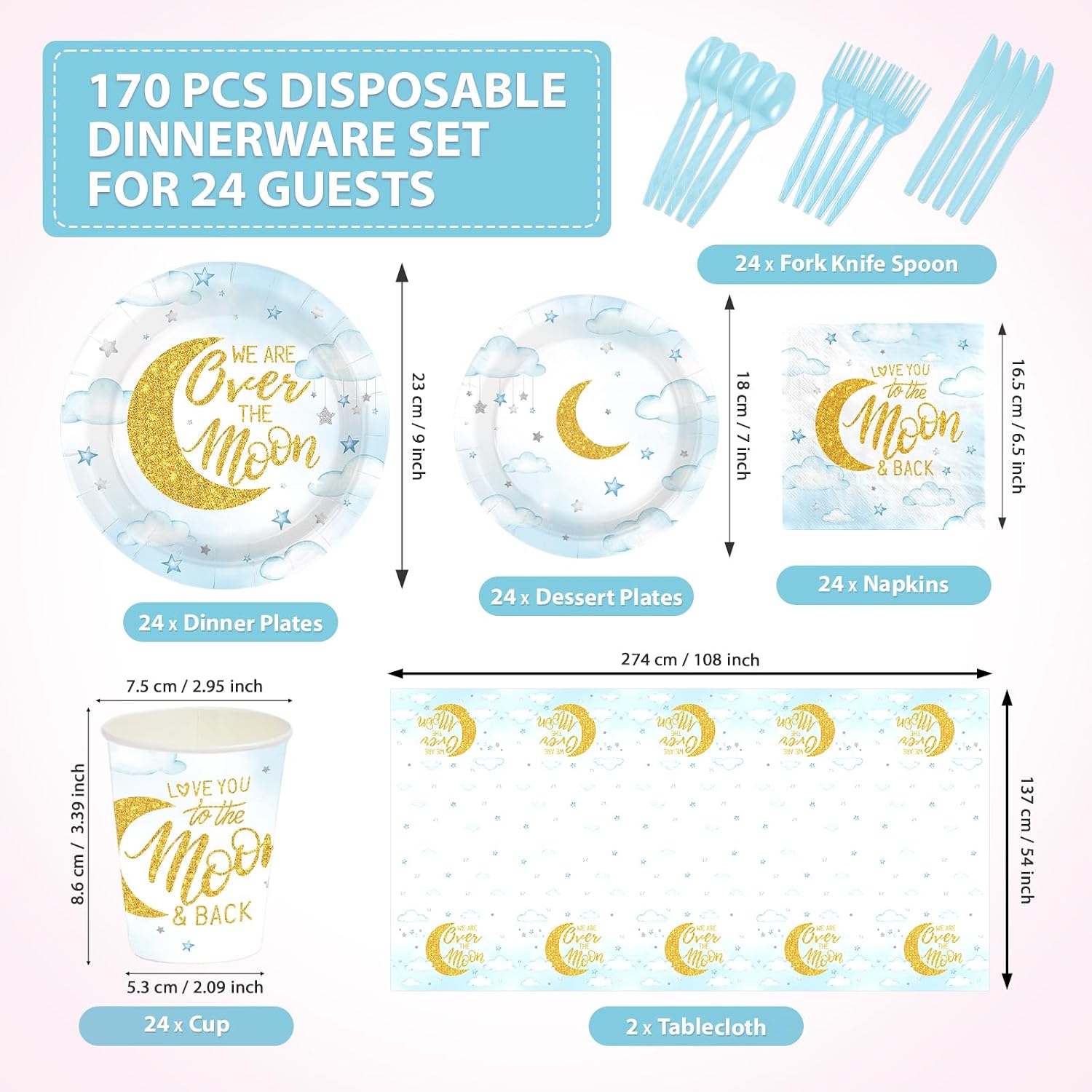 Full set of moon and stars pastel blue plates napkins cups cutlery flat lay