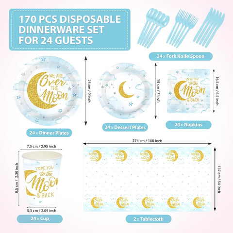 Full set of moon and stars pastel blue plates napkins cups cutlery flat lay