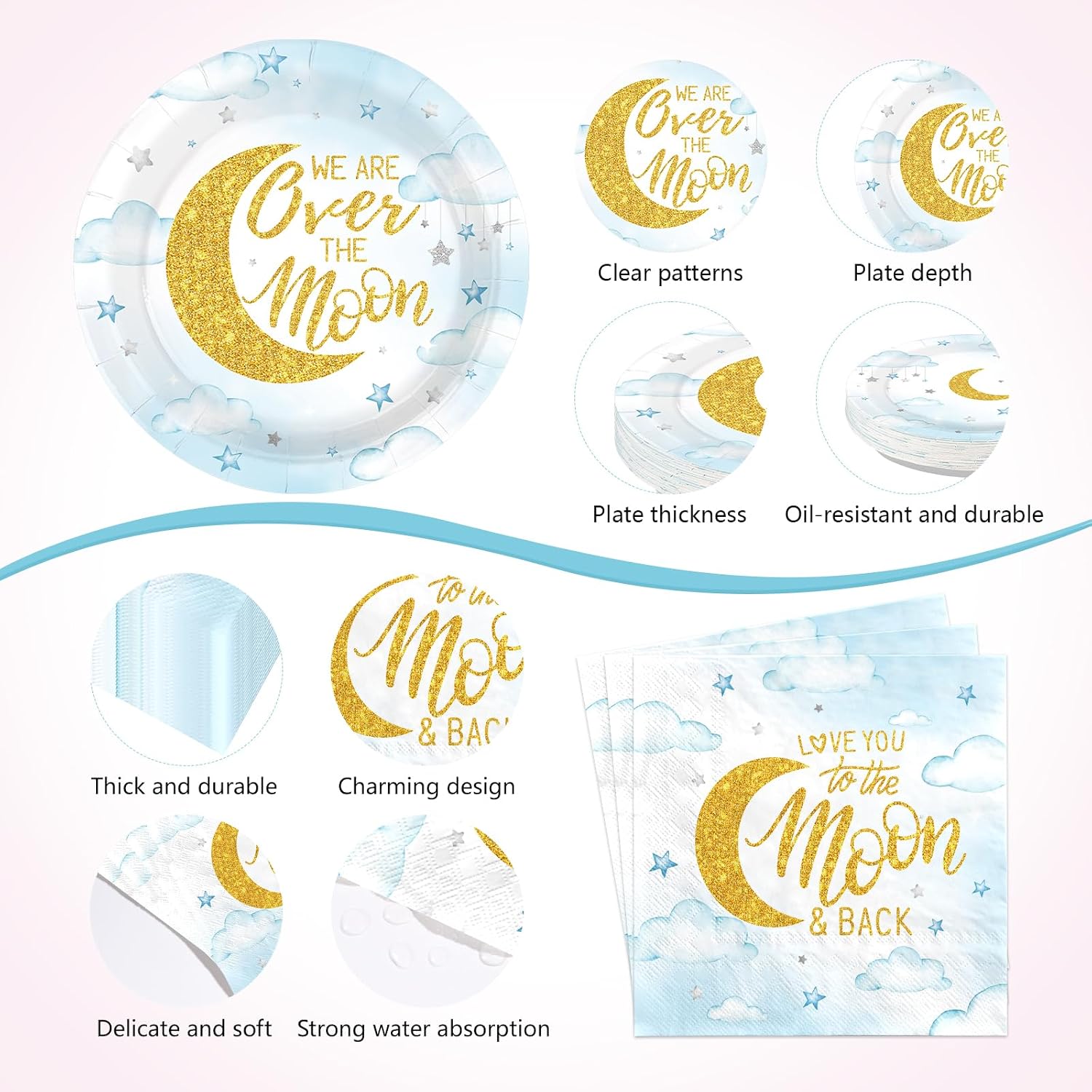 Close-up of Over The Moon pastel blue paper plate