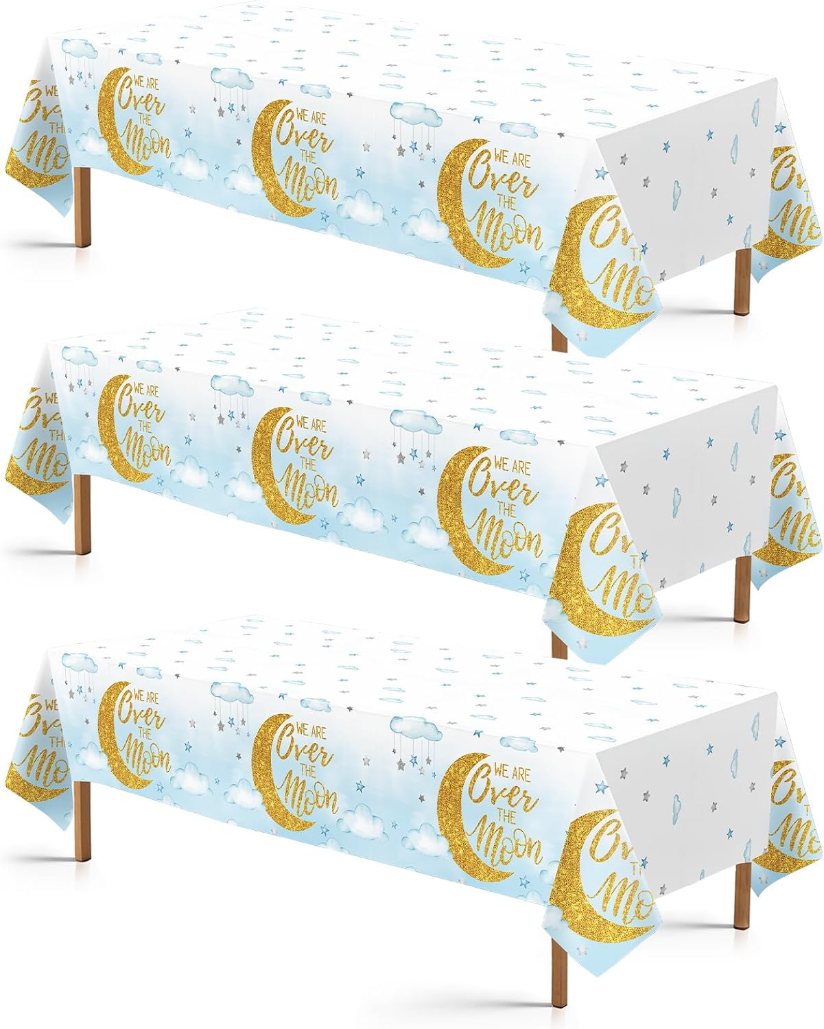 3Pcs Over The Moon Tablecloth Blue Gold Baby Shower - Grencian