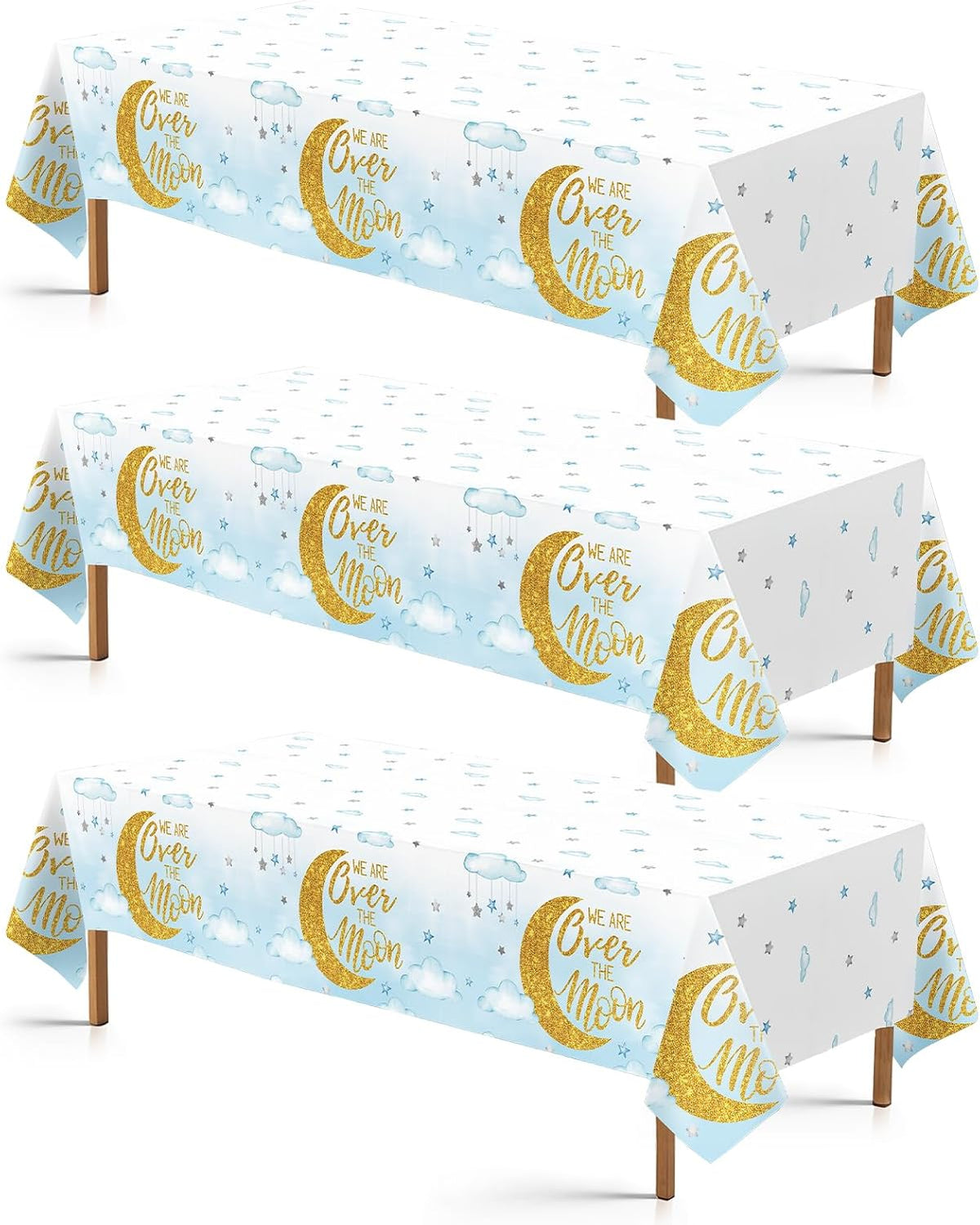 3Pcs Over The Moon Tablecloth Blue Gold Baby Shower - Grencian