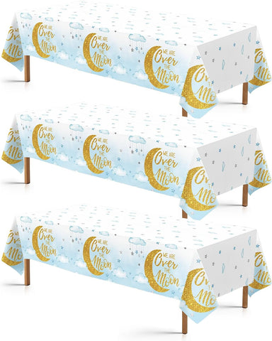 3Pcs Over The Moon Tablecloth Blue Gold Baby Shower - Grencian