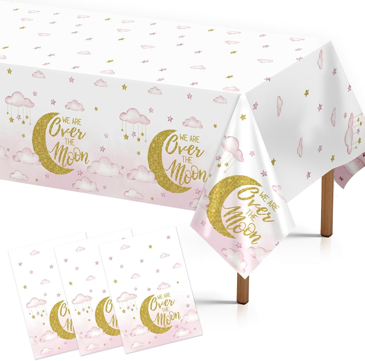 3Pcs Over The Moon Tablecloth Pink Gold Baby Shower - Grencian