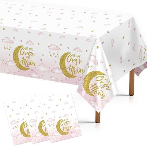 3Pcs Over The Moon Tablecloth Pink Gold Baby Shower - Grencian