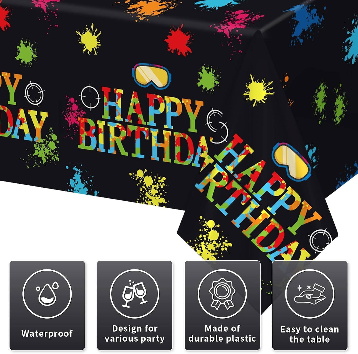3Pcs Paintball Birthday Tablecloth Colorful Neon - Grencian