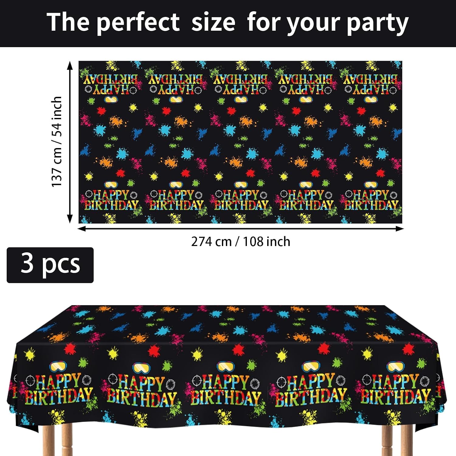 3Pcs Paintball Birthday Tablecloth Colorful Neon - Grencian
