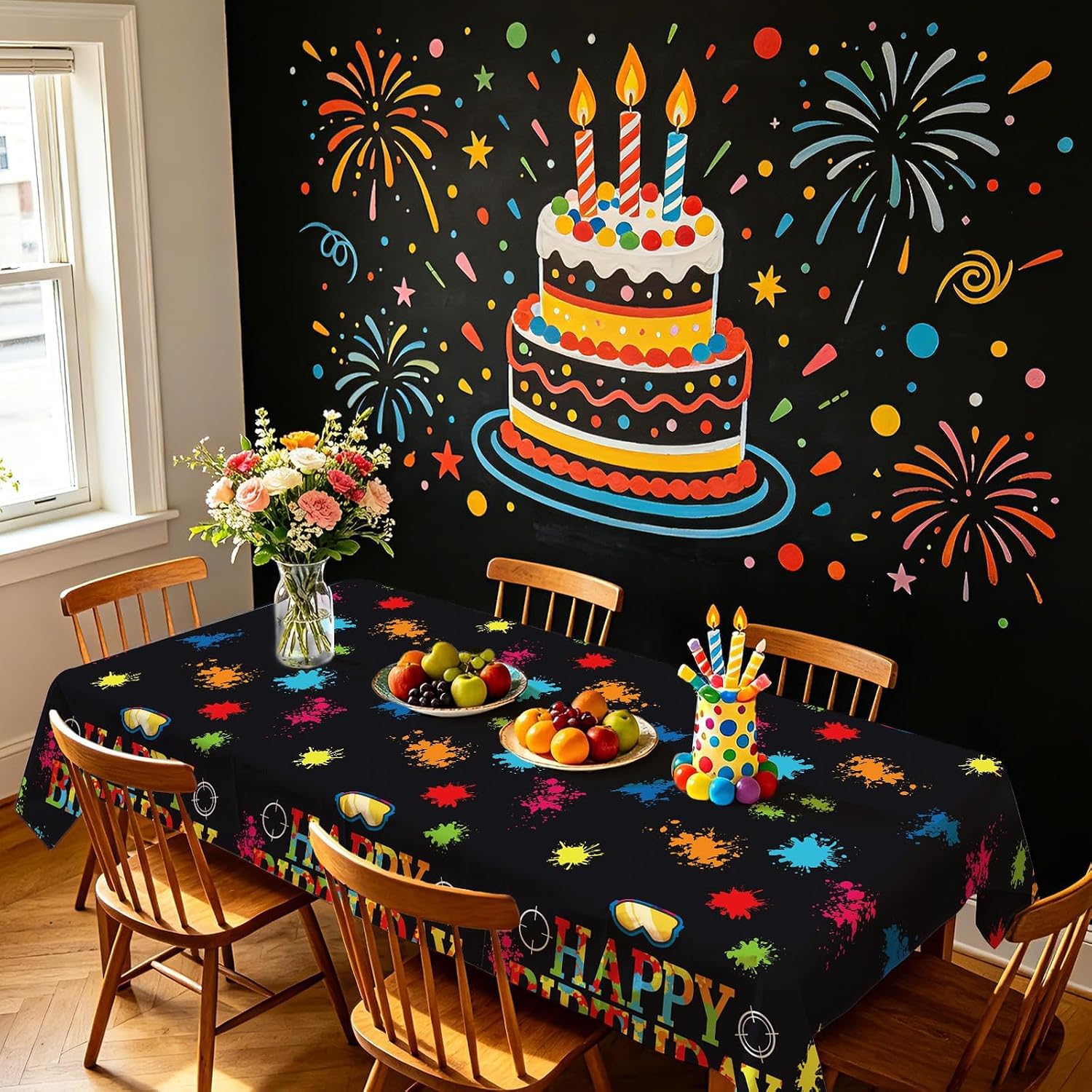 3Pcs Paintball Birthday Tablecloth Colorful Neon - Grencian