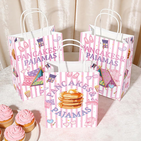 Package contents infographic showing 16 Pancakes Pajamas favor bags