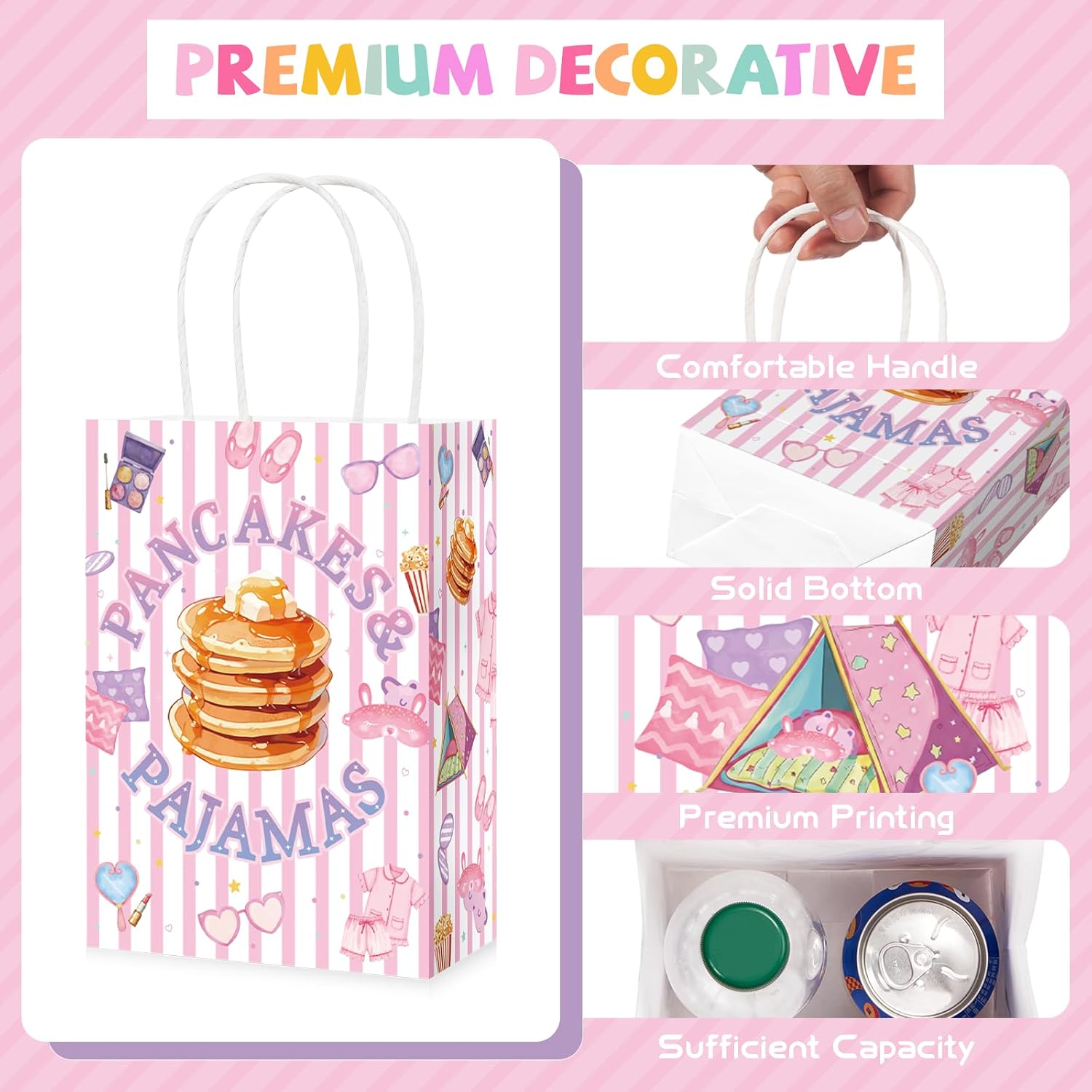 Pink striped pancakes pajamas favor bag with sleepover design