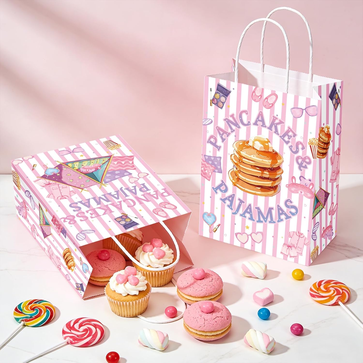 Lifestyle shot of sleepover goodie bags filled with candy and gifts