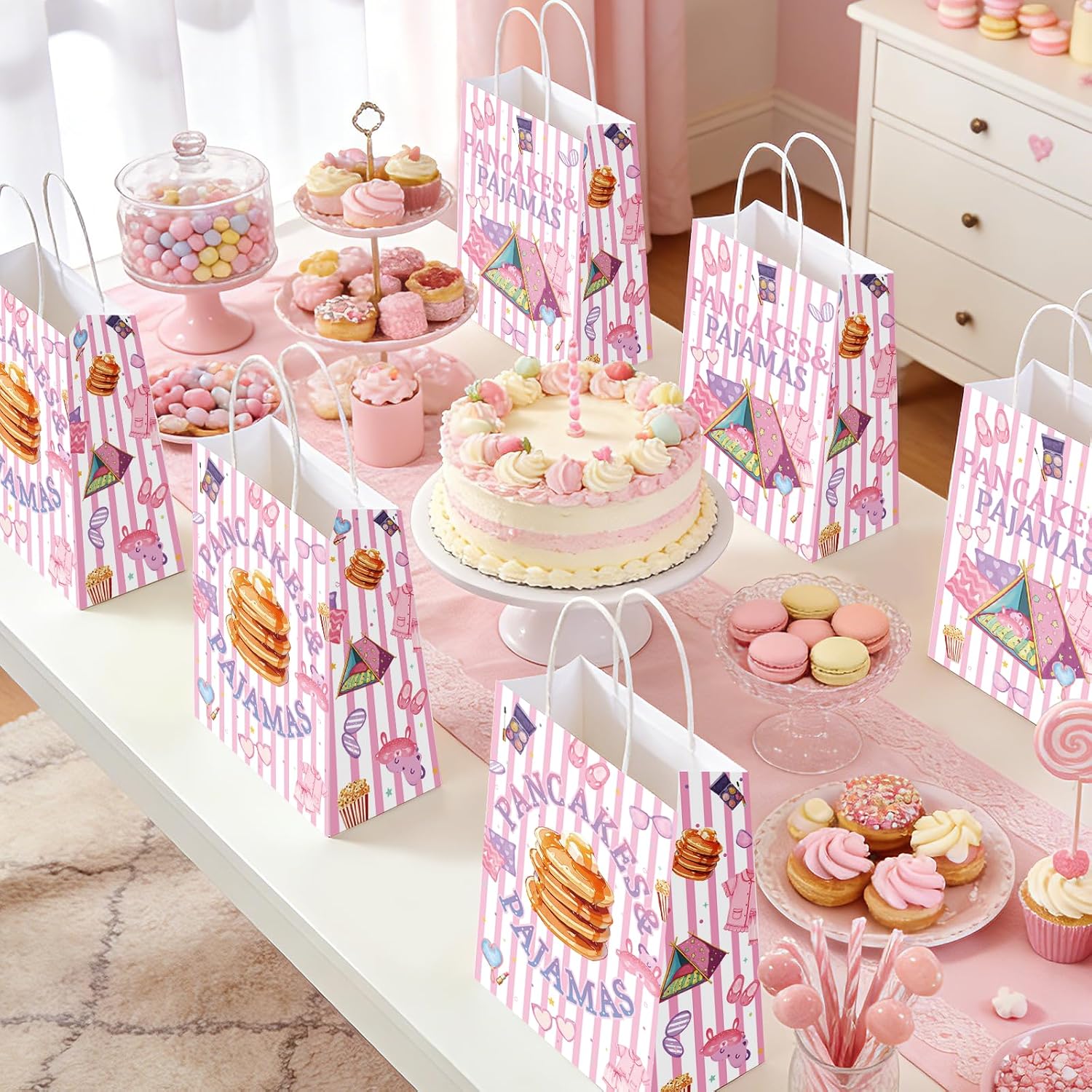 Girls slumber spa party scene with pancakes pajamas themed bags