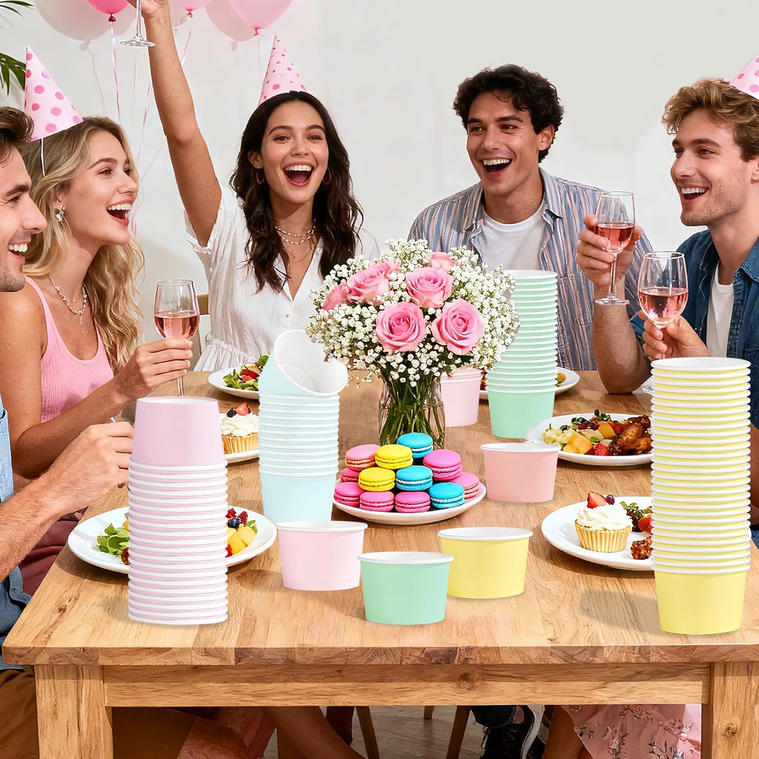 Baby shower birthday spring party scene with pastel rainbow cups