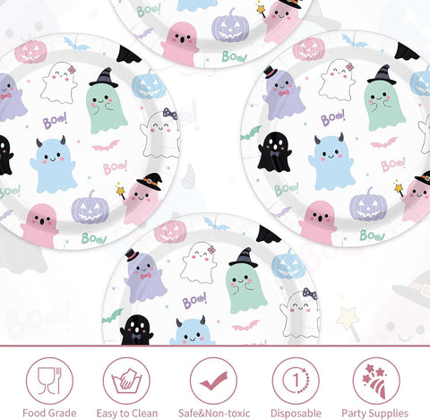 Pastel ghost and pumpkin design on a white plate