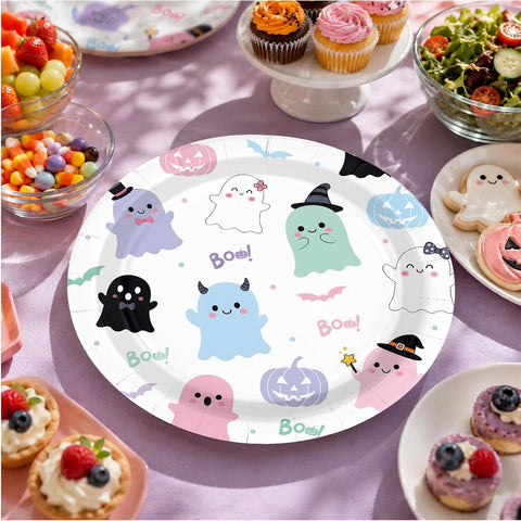 Stack of pastel ghost Boo paper plates