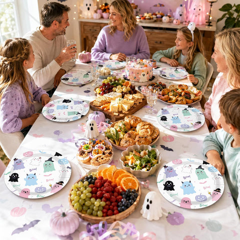 Halloween table styled with the pastel ghost plates
