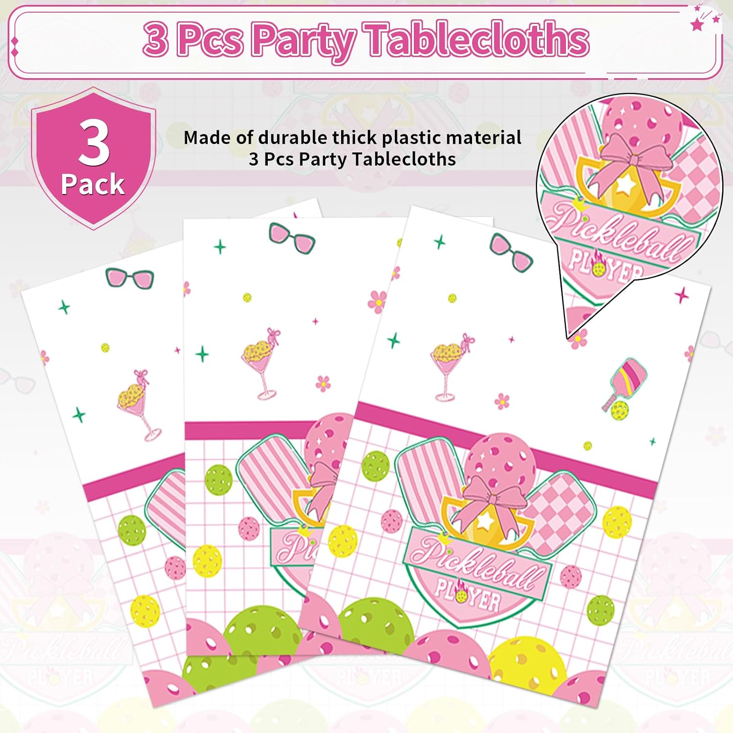 Close-up of pink pickleball plastic tablecloth with paddle design