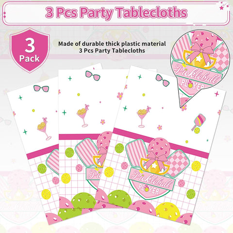 Close-up of pink pickleball plastic tablecloth with paddle design