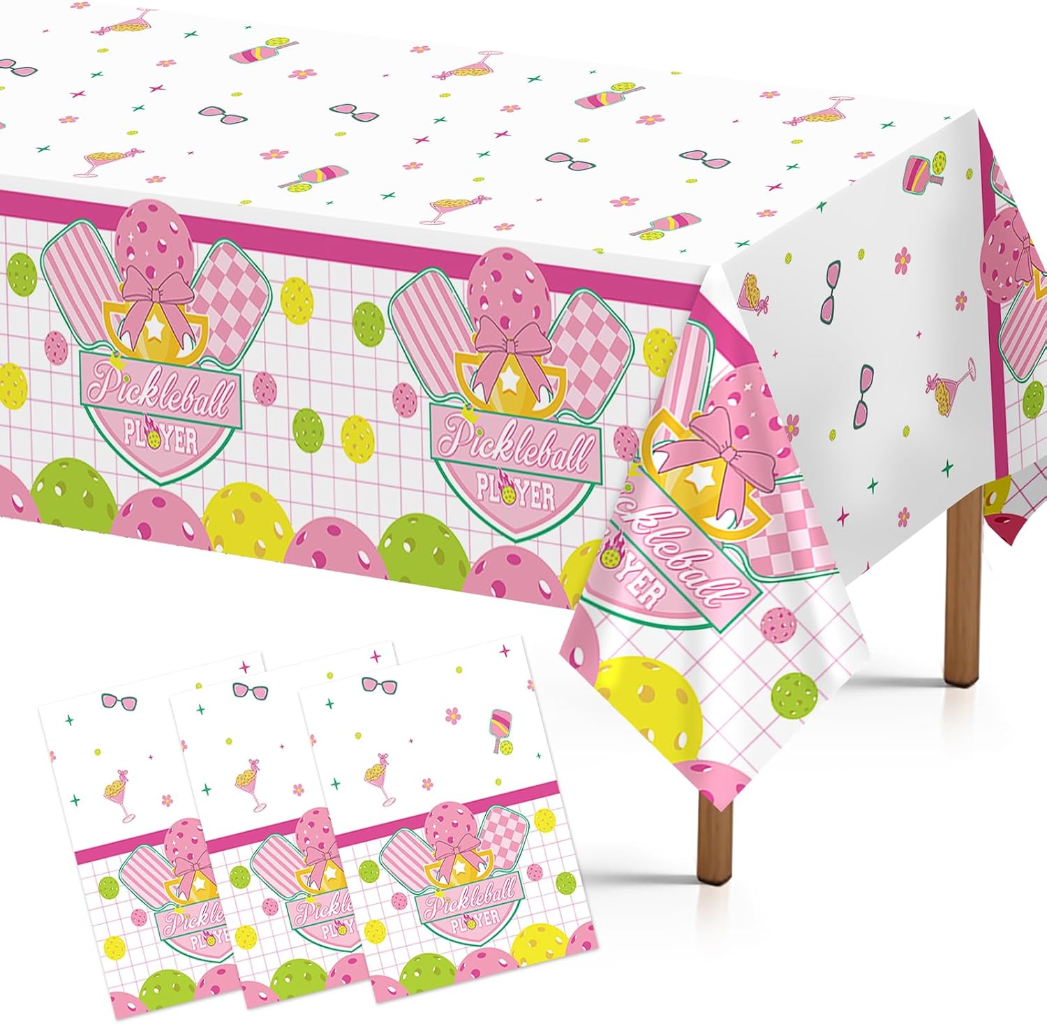 Grencian 3-piece pickleball birthday tablecloth set with pink player theme